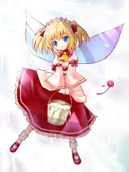 Rule 34 | 1girl, ayano rena, blonde hair, blue eyes, bucket, dress, fairy wings, flower, highres, holding, holding bucket, long sleeves, red dress, simple background, solo, sunny milk, thighhighs, tiara, touhou, two side up, white background, white thighhighs, wings