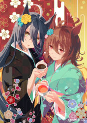 Rule 34 | 2girls, agnes tachyon (umamusume), ahoge, animal ears, banned artist, black hair, black kimono, brown hair, closed mouth, coffee, commentary request, cup, green kimono, hair between eyes, holding, holding cup, horse ears, horse girl, japanese clothes, kimono, long hair, looking at viewer, manhattan cafe (umamusume), multiple girls, nacht (nacht 01), short hair, smile, tea, twitter username, umamusume, yellow eyes