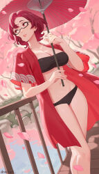 1girl artist_name bikini black_bikini black_hair breasts cherry_blossoms cleavage commentary commission day dnaitari dutch_angle english_commentary falling_petals feet_out_of_frame glasses highres holding holding_umbrella japanese_clothes kimono large_breasts looking_afar looking_to_the_side navel oil-paper_umbrella open_clothes open_kimono original outdoors parted_lips petals pixiv_commission red_eyes red_hair red_kimono semi-rimless_eyewear short_hair shorts solo standing swimsuit teeth tree turning_head umbrella under-rim_eyewear water