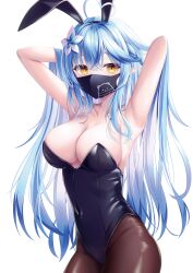 Rule 34 | 1girl, absurdres, ahoge, alternate costume, animal ears, armpits, arms behind head, arms up, bare arms, bare shoulders, black hairband, black leotard, blue hair, braid, breasts, brown pantyhose, cleavage, covered navel, cowboy shot, flower, hair flower, hair ornament, hairband, hands in hair, heart, heart ahoge, highleg, highleg leotard, highres, hololive, large breasts, leotard, long hair, looking at viewer, mask, mouth mask, pantyhose, playboy bunny, pointy ears, rabbit ears, shira jun, simple background, solo, strapless, strapless leotard, very long hair, virtual youtuber, white background, yellow eyes, yukihana lamy