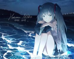 Rule 34 | 1girl, aqua eyes, aqua hair, backlup, bare shoulders, barefoot, blush, character name, commentary, crossed arms, dated, detached sleeves, grin, hatsune miku, highres, hugging own legs, knee to chest, long hair, looking at viewer, necktie, night, night sky, outdoors, partially submerged, sitting, sitting on water, skirt, sky, sleeveless, smile, solo, tree, twintails, very long hair, vocaloid, water, waves