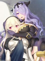 Rule 34 | 2girls, :d, armor, between breasts, black armor, black panties, bodice, breasts, camilla (fire emblem), cleavage, corrin (female) (fire emblem), corrin (fire emblem), cowboy shot, face to breasts, fake horns, fire emblem, fire emblem fates, grey hair, groin, hair over one eye, hairband, head between breasts, highres, horns, hug, kashiwamochi yomogi, large breasts, long hair, looking at another, looking to the side, multiple girls, nintendo, open mouth, panties, purple eyes, purple hair, red eyes, smile, speech bubble, tiara, underwear, upper body, very long hair, wavy hair