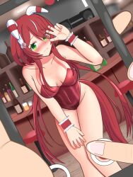 Rule 34 | 1girl, absurdres, alternate costume, animal ears, bar (place), breasts, cellphone, closed mouth, collarbone, covered navel, embarrassed, hair ornament, highres, horse ears, horse girl, horse tail, leotard, long hair, looking at viewer, low twintails, phone, playboy bunny, pov, pov hands, small breasts, solo, subculture is, sweat, tail, taking picture, twintails, umamusume, win variation (umamusume)