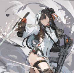 Rule 34 | 1girl, armor, assault rifle, black hair, breasts, china dress, chinese clothes, chinese commentary, commentary request, cowboy shot, dress, earpiece, girls&#039; frontline, girls&#039; frontline 2: exilium, gun, highres, holding, holding gun, holding sword, holding weapon, jian (weapon), long hair, looking to the side, mai (xskdizzy), medium breasts, parted lips, pauldrons, qbz-191, qbz-191 (girls&#039; frontline), red eyes, rifle, short dress, shoulder armor, single pauldron, smile, solo, sword, thigh strap, thighhighs, weapon, white dress