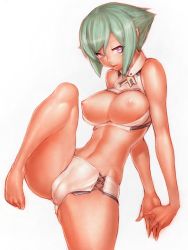 Rule 34 | 10s, 1girl, aquarion (series), aquarion evol, arms behind back, barefoot, breasts, breasts out, cameltoe, cleavage, cleavage cutout, clothing cutout, fumio (rsqkr), green hair, large breasts, leg up, lips, midriff, navel, nipples, open clothes, open shirt, parted lips, partially visible vulva, purple eyes, shirt, short hair, shorts, simple background, solo, thick thighs, thighs, toned, white background, zessica wong