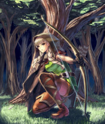 Rule 34 | 1girl, arrow (projectile), boots, bow (weapon), braid, cloak, cuboon, dragon&#039;s crown, elf, elf (dragon&#039;s crown), forest, gloves, hood, kneeling, long hair, nature, on one knee, pointy ears, purple eyes, solo, thigh boots, thighhighs, tree, twin braids, weapon, white hair
