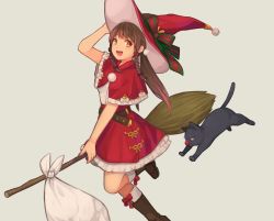 Rule 34 | 1girl, :d, animal, arm up, belt, black cat, boots, bow, braid, broom, broom riding, brown eyes, brown footwear, brown hair, capelet, cat, christmas, clown nose, from side, grey background, hair ribbon, hand on headwear, hat, knee boots, leg up, long hair, looking at viewer, open mouth, original, outstretched arm, purple eyes, red bow, red ribbon, red skirt, ribbon, sack, saino (sainoomisaki), shirt, simple background, skirt, smile, striped bow, striped ribbon, twin braids, twintails, white shirt, witch, witch hat