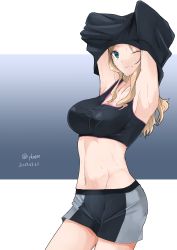 Rule 34 | 10s, 1girl, 2017, absurdres, armpits, blonde hair, blue eyes, breasts, clothes lift, dated, girls und panzer, groin, highres, irukatto, kay (girls und panzer), large breasts, long hair, midriff, navel, one eye closed, shirt lift, shorts, sidelocks, solo, sports bra, sweat, twitter username, undressing