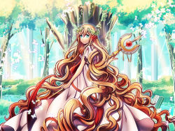Rule 34 | 1girl, absurdly long hair, blonde hair, blue eyes, dress, food, forest, fruit, grapes, long hair, looking at viewer, magi the labyrinth of magic, nature, plant, scheherazade (magi), solo, staff, suou sakura, tree, very long hair