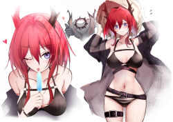 Rule 34 | 1girl, ;p, absurdres, arknights, arms up, bare shoulders, belt, belt buckle, bikini, black bikini, blush, bracelet, breasts, buckle, cleavage, closed mouth, collarbone, creature, flying sweatdrops, food, hat, heart, highres, holding, holding food, horns, jewelry, kokihanada, large breasts, long sleeves, mismatched bikini, multiple views, one eye closed, popsicle, purple eyes, red hair, see-through, short hair, simple background, star (symbol), straw hat, striped bikini, striped clothes, surtr (arknights), swimsuit, thigh strap, tongue, tongue out, white background, yellow headwear