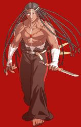 Rule 34 | 1boy, barefoot, blue eyes, braid, dark skin, fate/grand order, fate (series), feet, geronimo (fate), highres, knife, long hair, male focus, muscular, native american, red background, rokkotsu, topless male, simple background, solo, toes, weapon