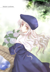Rule 34 | 1girl, caren hortensia, delusion syndrome, dress, fate/hollow ataraxia, fate/stay night, fate (series), flower, hat, long hair, solo, the coming, white hair, yellow eyes