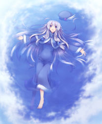 Rule 34 | 1girl, blue dress, blush, character request, cloud, cloudy sky, copyright request, dress, hat, unworn hat, unworn headwear, hino (mooncalf+t), long hair, partially submerged, purple eyes, reflection, silver hair, sky, smile, solo, water