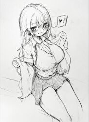 Rule 34 | 1girl, ?, blush, breasts, cleavage, collared shirt, commentary, english commentary, greyscale, heart, highres, large breasts, long hair, looking at viewer, monochrome, original, renocoffee, shirt, sitting, skirt, smile, solo, spoken heart, spoken question mark, thighs, traditional media