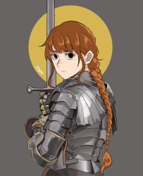 Rule 34 | 1girl, armor, bags under eyes, black eyes, braid, brown hair, chainmail, commentary request, couter, gauntlets, grey background, highres, holding, holding sword, holding weapon, knight, korean commentary, long hair, long sword, looking at viewer, medieval, mole, mole under eye, original, plate armor, shoulder armor, solo, sword, two-tone background, wani (perfect han), weapon