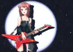 Rule 34 | 1girl, :o, absurdres, bang dream!, bare shoulders, black background, black dress, black sleeves, black thighhighs, breasts, brown hair, cable, collarbone, commentary request, cone hair bun, cowboy shot, detached sleeves, dress, drop shadow, electric guitar, esp guitars, frilled dress, frills, guitar, hair bun, hair ornament, highres, holding, holding instrument, instrument, looking at viewer, medium breasts, medium hair, music, nishinomiya suzu, open mouth, parody, playing instrument, purple eyes, sidelocks, solo, spotlight, standing, star (symbol), star hair ornament, strapless, strapless dress, teeth, thighhighs, tokyo jihen, toyama kasumi, upper teeth only