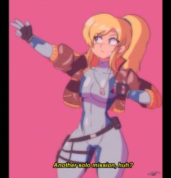 Rule 34 | 1980s (style), 1girl, belt, belt pouch, blue bodysuit, blue eyes, bodysuit, bomber jacket, border, breasts, brown jacket, commentary, dog tags, english commentary, english text, highres, jacket, long hair, metroid, mole, mole under mouth, narrow waist, nintendo, oldschool, peachyboi, pink background, ponytail, popped collar, pouch, retro artstyle, samus aran, solo, subtitled, thigh pouch, vhs artifacts, zero suit