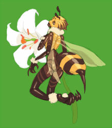 Rule 34 | 1girl, antennae, arthropod girl, bee girl, claws, extra arms, flower, insect girl, insect wings, kanemaki thomas, lily (flower), monster girl, no pupils, nude, original, simple background, solo, stinger, wings