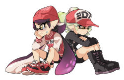 Rule 34 | + +, 2girls, beanie, black hair, boots, bow, callie (splatoon), casual, cousins, cross-laced footwear, crying, crying with eyes open, earrings, full body, gomipomi, grey hair, hair bow, hat, inkling, jacket, jewelry, letterman jacket, marie (splatoon), multiple girls, nintendo, pointy ears, shoes, simple background, sitting, sneakers, splatoon (series), splatoon 1, tears, tentacle hair, white background, yellow eyes