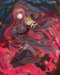 Rule 34 | 1girl, armor, aura, bodysuit, breasts, carcass (artist), chain, fate/grand order, fate (series), forest, gae bolg (fate), gem, gold, gold armor, gold chain, high heels, highres, holding, jewelry, large breasts, long hair, nature, night, night sky, open mouth, pantyhose, polearm, purple eyes, red eyes, scathach (fate), shoulder armor, sky, solo, spear, star (sky), starry sky, veil, weapon