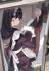 Rule 34 | 1girl, 7gao, apron, beamed eighth notes, black dress, black hair, black pantyhose, cabinet, cellphone, chips (food), dress, earbuds, earphones, eighth note, food, from behind, handheld electric fan, highres, holding, holding phone, juliet sleeves, legs up, long bangs, long hair, long sleeves, maid, maid headdress, mouth hold, musical note, no shoes, original, pantyhose, phone, pillow, playing games, potato chips, puffy sleeves, red eyes, sidelocks, smartphone, solo, white apron