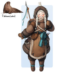 Rule 34 | 1girl, absurdres, animal, animal on head, blunt bangs, blush, braid, brown coat, brown mittens, closed eyes, coat, fish, full body, highres, hood, hood up, long hair, mittens, on head, original, parted lips, personification, polearm, rinotuna, smile, solo, spear, standing, twin braids, walrus, weapon, white hair