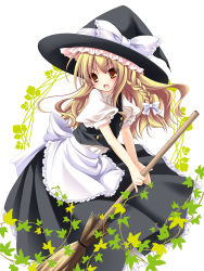 Rule 34 | 1girl, :d, :p, apron, blonde hair, bow, braid, broom, brown eyes, dress, female focus, hair ribbon, happy, hat, kirisame marisa, leaf, long hair, open mouth, plant, ribbon, sakura rio, smile, solo, tongue, tongue out, touhou, vest, vines, witch, witch hat