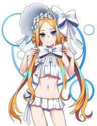 Rule 34 | 1girl, abigail williams (fate), abigail williams (swimsuit foreigner) (fate), abigail williams (swimsuit foreigner) (third ascension) (fate), absurdres, bare shoulders, bikini, blonde hair, blue eyes, blush, bonnet, bow, braid, braided hair rings, breasts, closed mouth, fate/grand order, fate (series), forehead, hair bow, hair rings, highres, long hair, looking at viewer, miniskirt, navel, parted bangs, sidelocks, skirt, small breasts, smile, solo, swimsuit, thighs, twin braids, twintails, tyureu, very long hair, white background, white bikini, white bow, white headwear