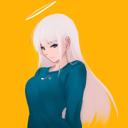 Rule 34 | 1girl, arched back, arms behind back, blue eyes, breasts, closed mouth, green sweater, grey hair, halo, highres, long hair, long sleeves, looking at viewer, medium breasts, orange background, original, shimmer, shirt, simple background, solo, sweater, upper body, yellow background
