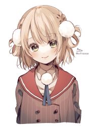 Rule 34 | 1girl, blush, brown hair, brown jacket, closed mouth, collared shirt, commentary request, cropped torso, green eyes, hair ornament, hair rings, highres, indie virtual youtuber, jacket, looking at viewer, pom pom (clothes), pom pom hair ornament, shigure ui (vtuber), shigure ui (vtuber) (1st costume), shirt, signature, simple background, smile, sofra, solo, striped clothes, striped jacket, twitter username, two side up, upper body, vertical-striped clothes, vertical-striped jacket, virtual youtuber, white background, white shirt