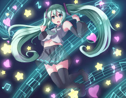 Rule 34 | 1girl, aqua eyes, aqua hair, bare shoulders, beamed quavers, black thighhighs, detached sleeves, hair ornament, hatsune miku, heart, highres, long hair, midriff, musical note, navel, necktie, nicoby, open mouth, quaver, shirt, skirt, smile, solo, star (symbol), stomach, thighhighs, thighs, twintails, very long hair, vocaloid, wide sleeves, zettai ryouiki