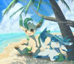 Rule 34 | alopias, beach, blue hat, blush, brown eyes, closed eyes, coconut, creatures (company), dated, drinking straw, game freak, gen 4 pokemon, glaceon, hat, leafeon, lying, nintendo, no humans, palm tree, pokemon, pokemon (creature), sitting, smile, tree, water