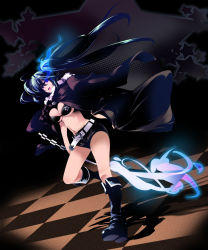 Rule 34 | 10s, 1girl, absurdres, belt, bikini, bikini top only, black bikini, black hair, black rock shooter, black rock shooter (character), boots, breasts, checkered floor, cleavage, dragonmaterial, female focus, floor, full body, glowing, glowing eyes, highres, jacket, large breasts, long hair, shorts, solo, swimsuit, twintails