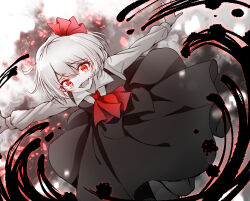 Rule 34 | 1girl, absurdres, ascot, black dress, darkness, dress, fangs, grey background, grey hair, hair ribbon, highres, kinese (katasutorohu), long sleeves, looking at viewer, open mouth, outstretched arms, red ascot, red eyes, red ribbon, ribbon, rumia, short hair, solo, touhou