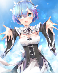 Rule 34 | 10s, 1girl, :d, black ribbon, blue eyes, blue hair, blush, bow, breasts, cleavage, day, detached sleeves, dress, hair ribbon, head wreath, looking at viewer, medium breasts, neck ribbon, open mouth, outstretched arms, pink ribbon, re:zero kara hajimeru isekai seikatsu, reaching, reaching towards viewer, rem (re:zero), ribbon, short hair, sky, smile, solo, standing, tailam, white bow