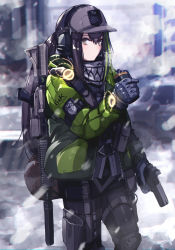 Rule 34 | 1girl, alternate costume, armband, assault rifle, baseball cap, black pantyhose, bulletproof vest, car, commentary, emblem, english commentary, english text, explosive, from side, girls&#039; frontline, glock, gloves, grenade, griffin &amp; kryuger, grifon &amp; kryuger, gun, handgun, hat, highres, holding, holding grenade, holster, holstered, jacket, knee pads, m4 carbine, m4a1 (girls&#039; frontline), mishima hiroji, motor vehicle, pantyhose, pouch, radio, rifle, short shorts, shorts, snowing, solo, tactical clothes, thigh pouch, tom clancy&#039;s the division, watch, weapon, weapon on back, wristwatch