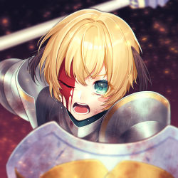 Rule 34 | 1girl, absurdres, armor, blonde hair, blood, blood on face, blush stickers, embers, fate/grand order, fate (series), gareth (fate), green eyes, hair flaps, highres, holding, holding shield, holding weapon, injury, kuzuta0807, lance, one eye closed, polearm, shield, solo, sweat, weapon