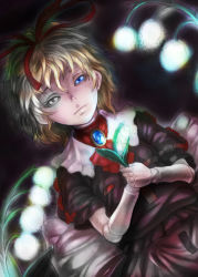 Rule 34 | 1girl, baten (gei-vorugu), blouse, brooch, capelet, doll joints, dutch angle, flower, hair ribbon, high collar, highres, jewelry, joints, lily of the valley, looking at viewer, medicine melancholy, parted lips, partially colored, puffy short sleeves, puffy sleeves, ribbon, shirt, short hair, short sleeves, skirt, solo, touhou