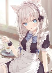 Rule 34 | 1girl, animal ear fluff, animal ears, apron, arm support, black dress, black hairband, blue bow, blue eyes, bow, braid, breasts, center frills, collared dress, commentary request, cup, day, wrist cuffs, dress, frilled hairband, frills, grey hair, hair bow, hairband, highres, holding, holding teapot, hoshi (snacherubi), indoors, long hair, maid, maid apron, maid headdress, on floor, original, pouring, puffy short sleeves, puffy sleeves, short sleeves, sitting, small breasts, solo, tail, teacup, teapot, thighhighs, tray, twin braids, very long hair, waist apron, wariza, white apron, white hair, white thighhighs, window, wooden floor, wrist cuffs