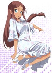 Rule 34 | 1girl, ahagon umiko, blue eyes, brown hair, dark-skinned female, dark skin, dress, floating hair, floral print, full body, hair ornament, hair ribbon, highres, long hair, looking at viewer, low-tied long hair, makicha (sasurainopink), new game!, open mouth, outstretched arm, ribbon, solo, sundress, very long hair, white dress, white ribbon