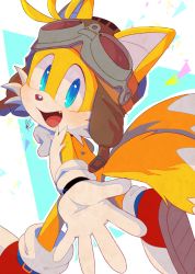 Rule 34 | 1boy, :d, blue eyes, ears through headwear, fang, fox boy, furry, furry male, gloves, goggles, goggles on head, hat, highres, looking at viewer, male focus, misuta710, multiple tails, open mouth, shoes, smile, solo, sonic (series), tail, tails (sonic), two tails, white gloves