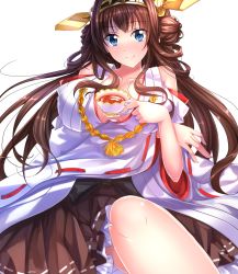 Rule 34 | 10s, 1girl, ahoge, bad id, bad pixiv id, bare shoulders, blue eyes, breasts, brown hair, cleavage, cup, detached sleeves, double bun, hair ornament, hairband, headgear, highres, japanese clothes, kadokawa games, kantai collection, kongou (kancolle), large breasts, long hair, miniskirt, nontraditional miko, personification, ribbon-trimmed sleeves, ribbon trim, skirt, smile, solo, swordsouls, tea, teacup