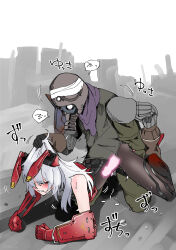 1boy 1girl absurdres animal_ears blush clenched_teeth clothed_sex commentary_request defeat fake_animal_ears full_body gas_mask girls&#039;_frontline girls&#039;_frontline_2:_exilium grabbing_another&#039;s_hair grey_hair hetero highres holding_another&#039;s_leg krolik_(girls&#039;_frontline_2) long_hair mask penis rabbit_ears rape red_eyes sex sex_from_behind sugac teeth x-ray