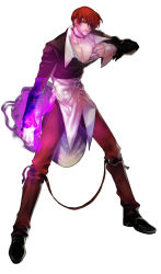 Rule 34 | 1boy, choker, fire, full body, hair over one eye, male focus, muscular, open clothes, open shirt, pants, pectoral cleavage, pectorals, purple fire, pyrokinesis, rarirari, red eyes, red hair, red pants, simple background, solo, standing, the king of fighters, white background, yagami iori