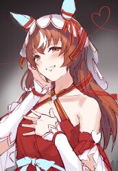 Rule 34 | absurdres, animal ears, breasts, brown hair, chest jewel, collarbone, detached sleeves, fingernails, hair between eyes, hair ornament, hands on own chest, heart, heart of string, highres, horse ears, horse tail, kuguri oimo, looking at viewer, red eyes, ribbon, simple background, small breasts, still in love (umamusume), tail, umamusume, veil