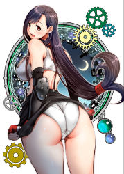 Rule 34 | 1girl, ass, back, black gloves, black hair, black skirt, blush, brown eyes, commentary request, cowboy shot, crescent moon, crotch seam, earrings, elbow gloves, final fantasy, final fantasy vii, fingerless gloves, from behind, gears, gloves, highres, itachou, jewelry, layered gloves, long hair, looking at viewer, looking back, low-tied long hair, microskirt, moon, open mouth, panties, red gloves, skirt, skirt tug, smile, solo, sports bra, standing, suspender skirt, suspenders, sweat, swept bangs, tifa lockhart, underwear, white panties, white sports bra