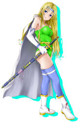 Rule 34 | 1990s (style), 1girl, belt, blonde hair, blue eyes, blue thighhighs, blush, boots, breasts, cape, celes chere, cross-laced footwear, earrings, elbow gloves, female focus, final fantasy, final fantasy vi, from side, full body, gloves, hand on own hip, head tilt, headband, high heel boots, high heels, holding, holding sword, holding weapon, jewelry, lambda (kusowarota), large breasts, legs, leotard, light smile, long hair, looking back, parted bangs, retro artstyle, ribbon, scabbard, shadow, sheath, sheathed, shoulder pads, simple background, smile, solo, standing, strapless, strapless leotard, sword, thighhighs, very long hair, weapon, white background, white footwear, white gloves
