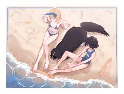 2girls absurdres arm_support barefoot beach bernese_mountain_dog bikini blind_girl&#039;s_dog_(popopoka) blind_girl_(popopoka) blonde_girl_(popopoka) blue_bikini blue_one-piece_swimsuit cat_baguette_(popopoka) dog from_above highres multiple_girls one-piece_swimsuit original popopoka sitting swimsuit water