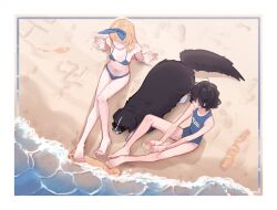 2girls absurdres arm_support barefoot beach bernese_mountain_dog bikini blind_girl&#039;s_dog_(popopoka) blind_girl_(popopoka) blonde_girl_(popopoka) blue_bikini blue_one-piece_swimsuit cat_baguette_(popopoka) dog feet from_above highres multiple_girls one-piece_swimsuit original popopoka sitting swimsuit water