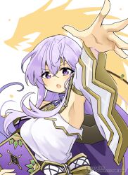 Rule 34 | 1girl, armpits, arms up, bare shoulders, book, dress, fighting stance, fire emblem, fire emblem: genealogy of the holy war, holding, holding book, julia (fire emblem), magic, nintendo, open mouth, purple eyes, purple hair, solo, spell, yukia (firstaid0)